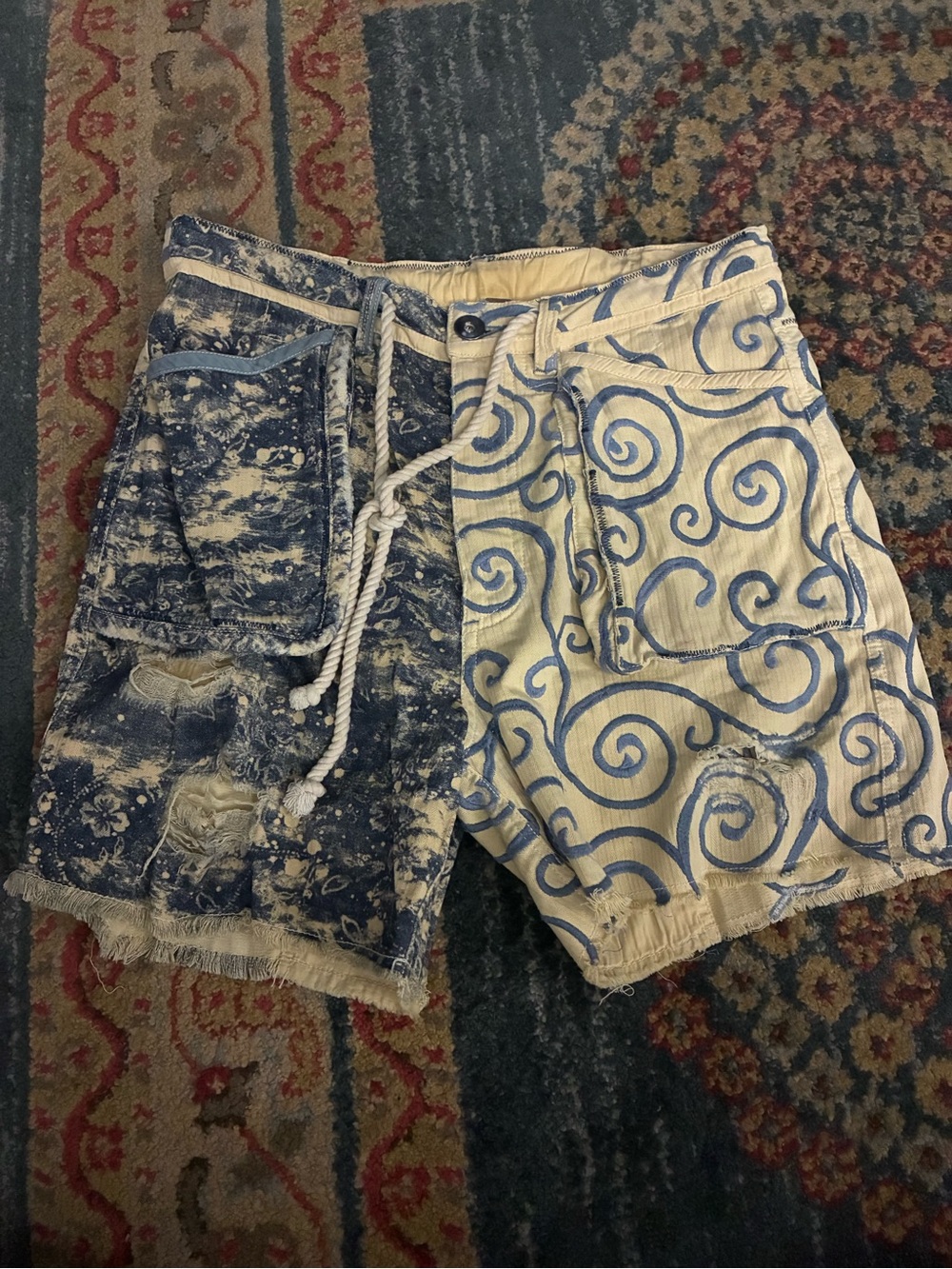 Free People Men's Two-Tone Blue & Cream Patterned Jean Shorts